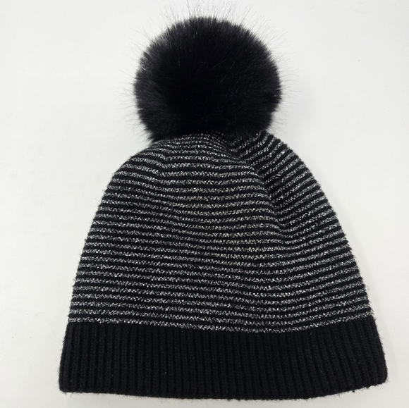 CHICO'S BLACK & METALLIC SILVER STRIPE POM POM BEANIE HAT CAP ACCESSORY WOMEN OS - Picture 6 of 12